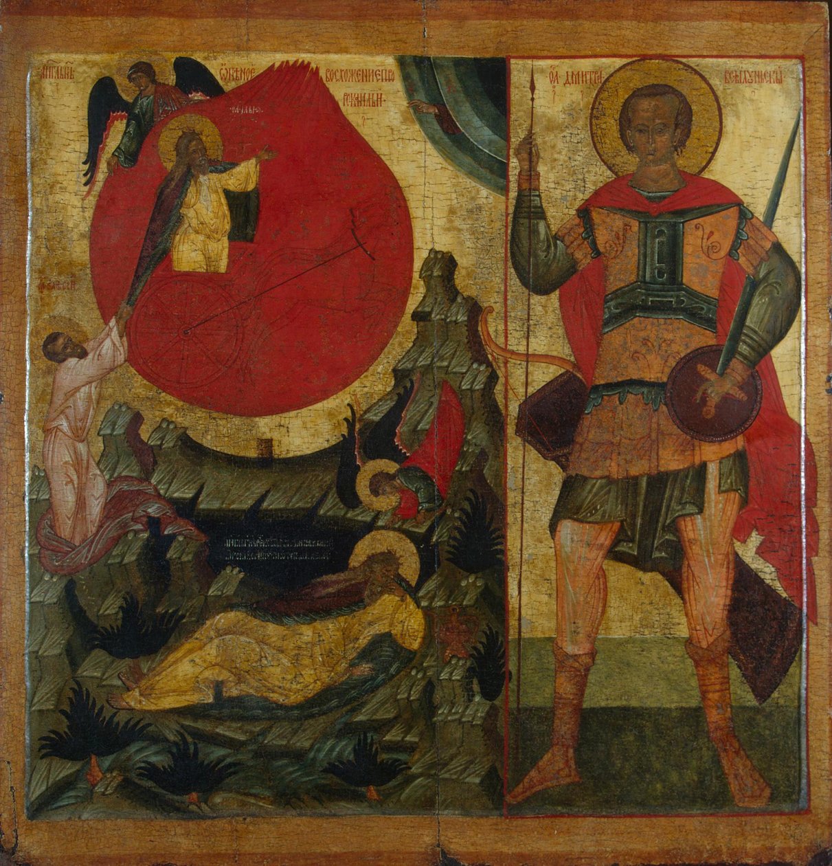 Profeten Elia og den brennende vognen. Saint Demetrius av Thessaloniki, midten av 1500-tallet av Anonymous Russian icon painter