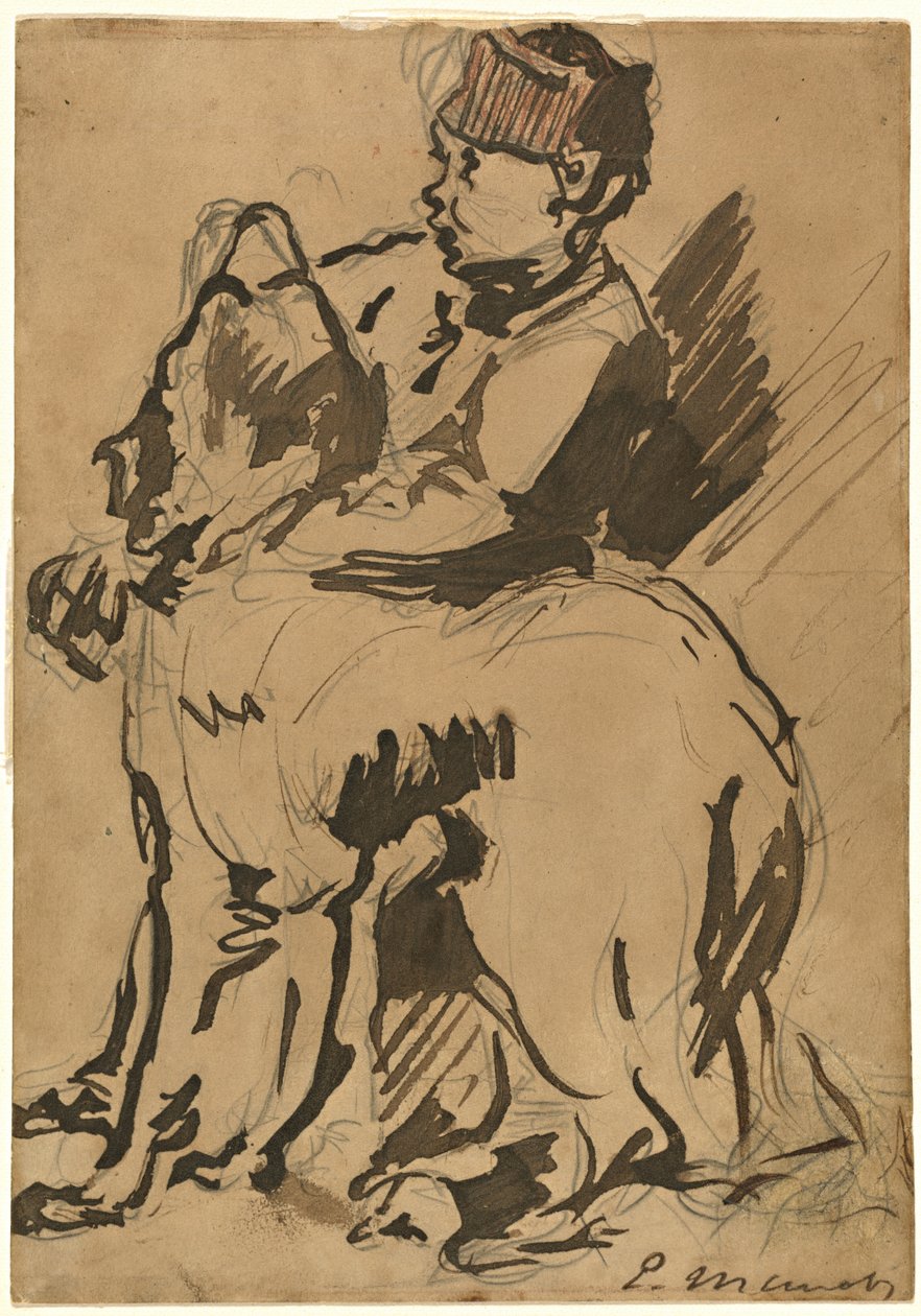 En gutt som holder hunden sin av Anonymous artist after Edouard Manet