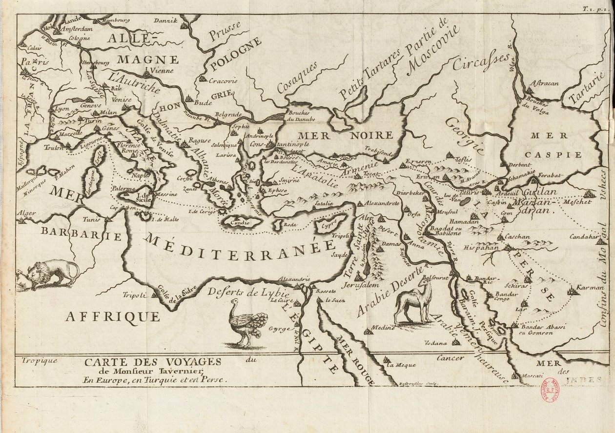 Kart over Taverniers reiser i Europa, Persia, Tyrkia, 1600-tallet. av Anonymous master.