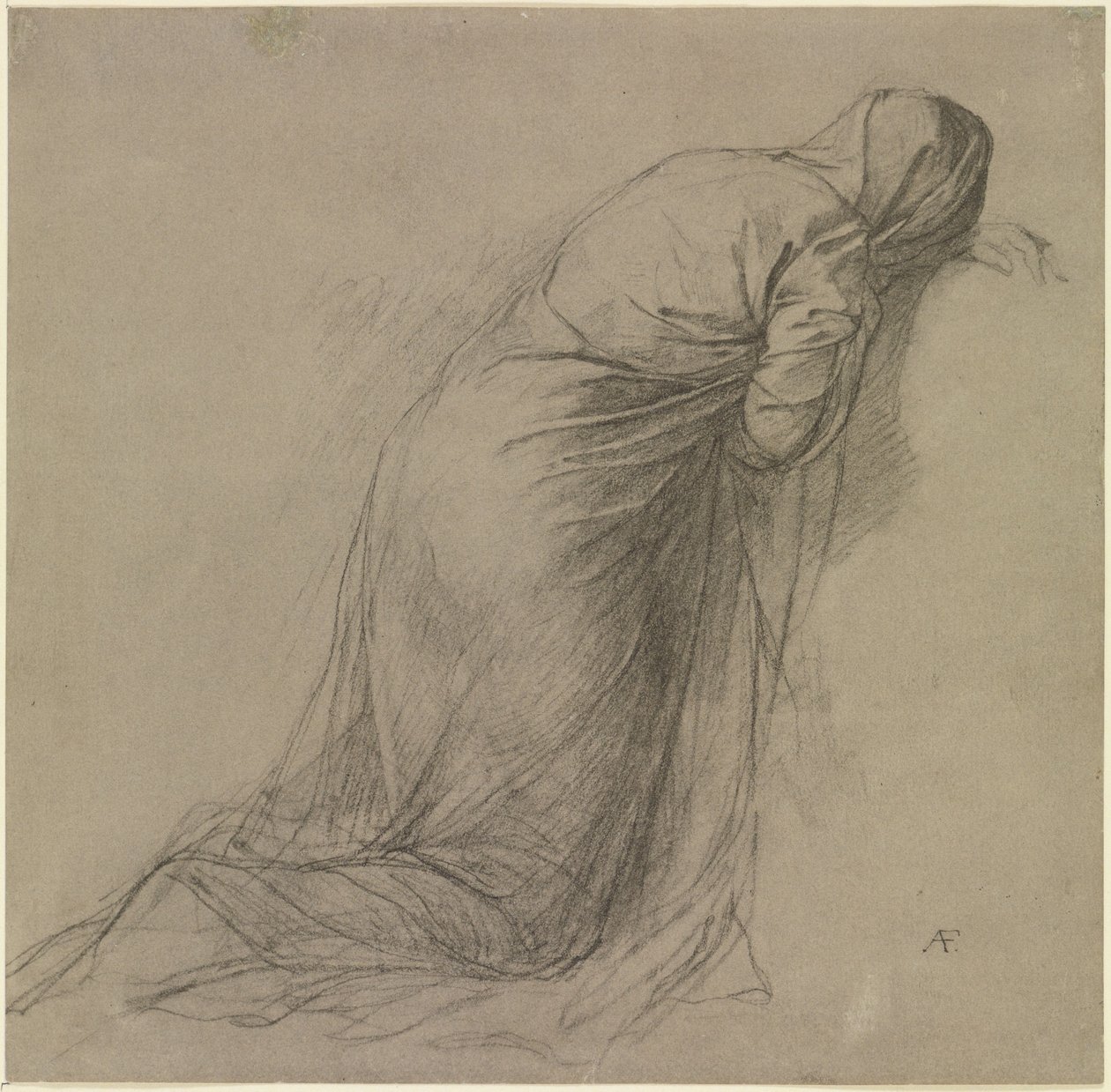 Draktstudie av en tilslørt kvinneskikkelse som kneler mot høyre av Anselm Feuerbach