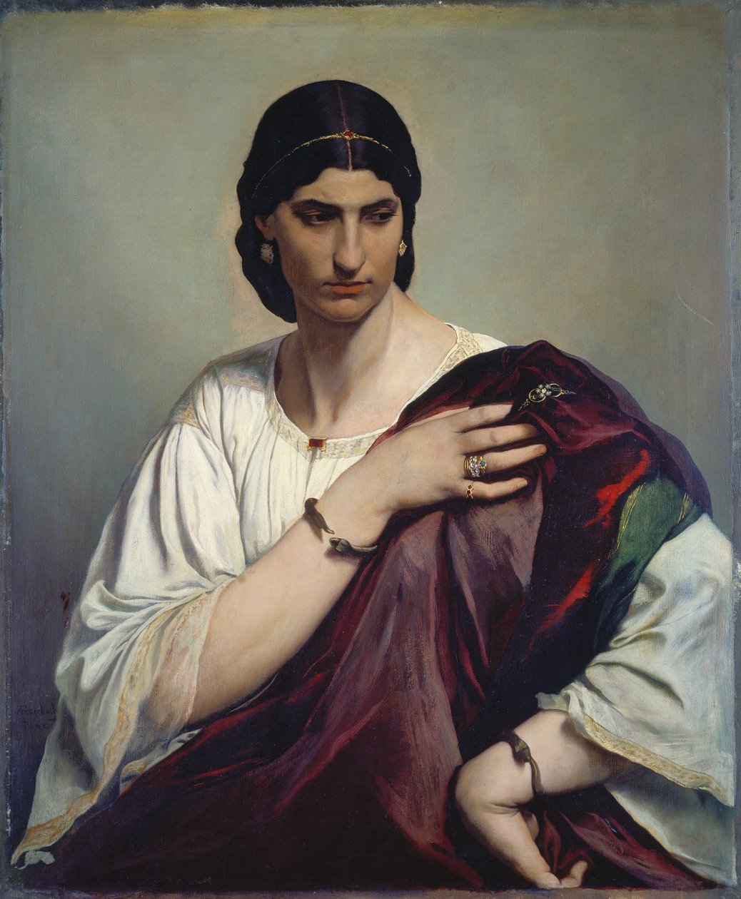 Lucrezia Borgia; portrett av en romersk kvinne i hvit tunika og rød drakt av Anselm Feuerbach