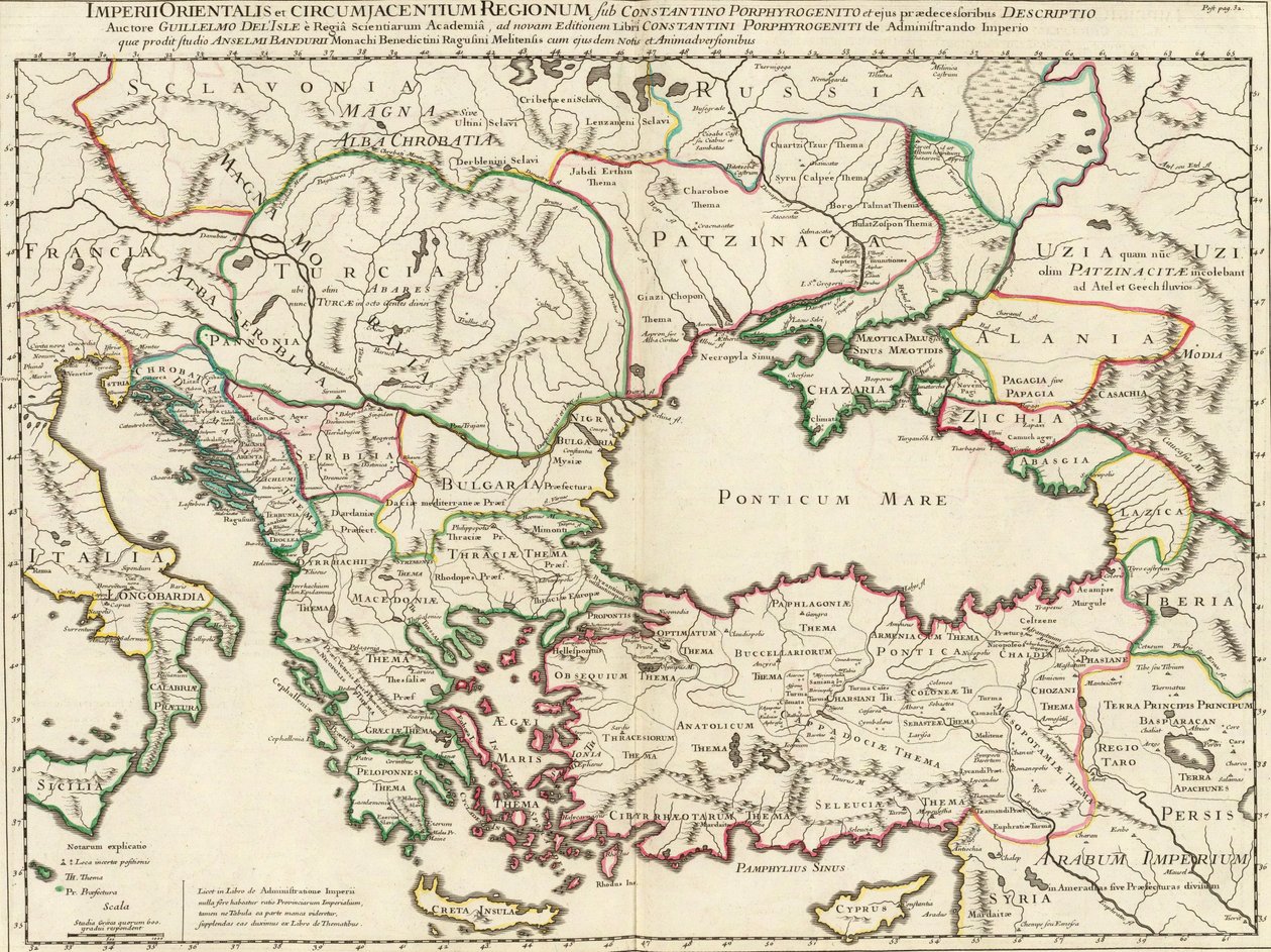 Et kart over det østlige romerske riket og de tilstøtende regionene i løpet av Konstantin VII Porphyrogennetos og hans forgjenger (dvs. 800-900-tallet) av Anselmo Maria Banduri