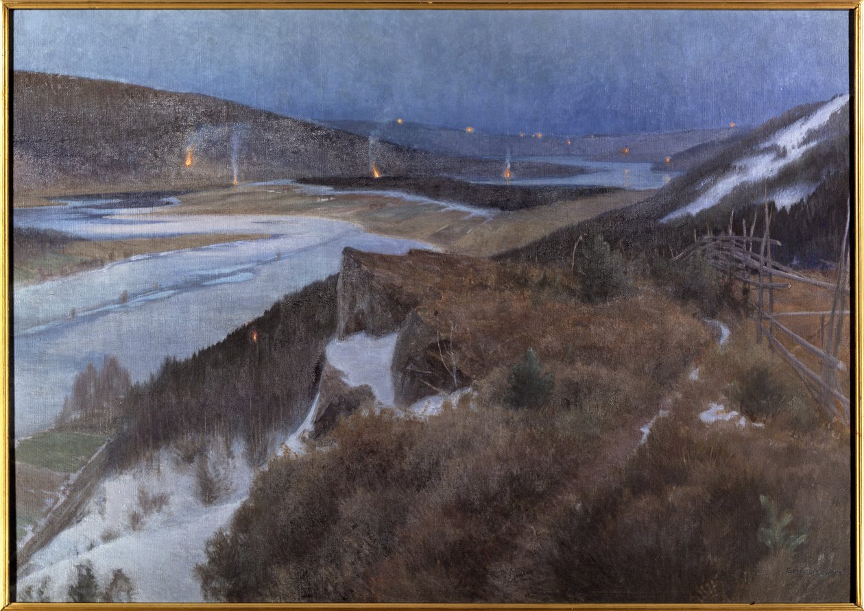 Nuit de Walpurgis a Bergslagen - Valborgsnatt i Bergslagen, Grangaerde i Dalarna, av Schultzberg, Anshelm Leonard (1862-1945). Olje på lerret av Anshelm Schultzberg