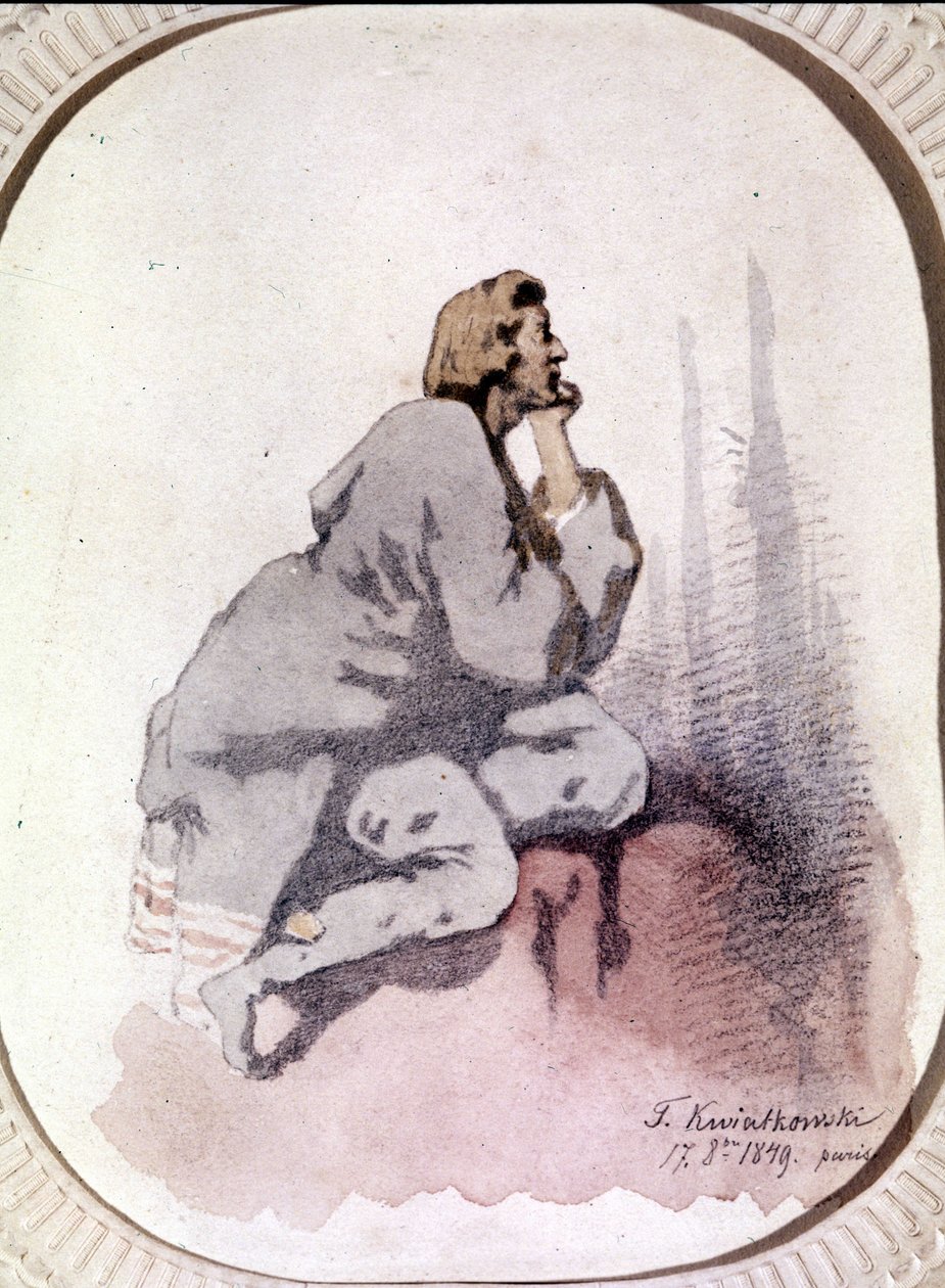 Portrett av Frederic Chopin (1810-1849), polsk komponist. Akvarell av Kwiatkowski. av Antar Teofil Kwiatowski