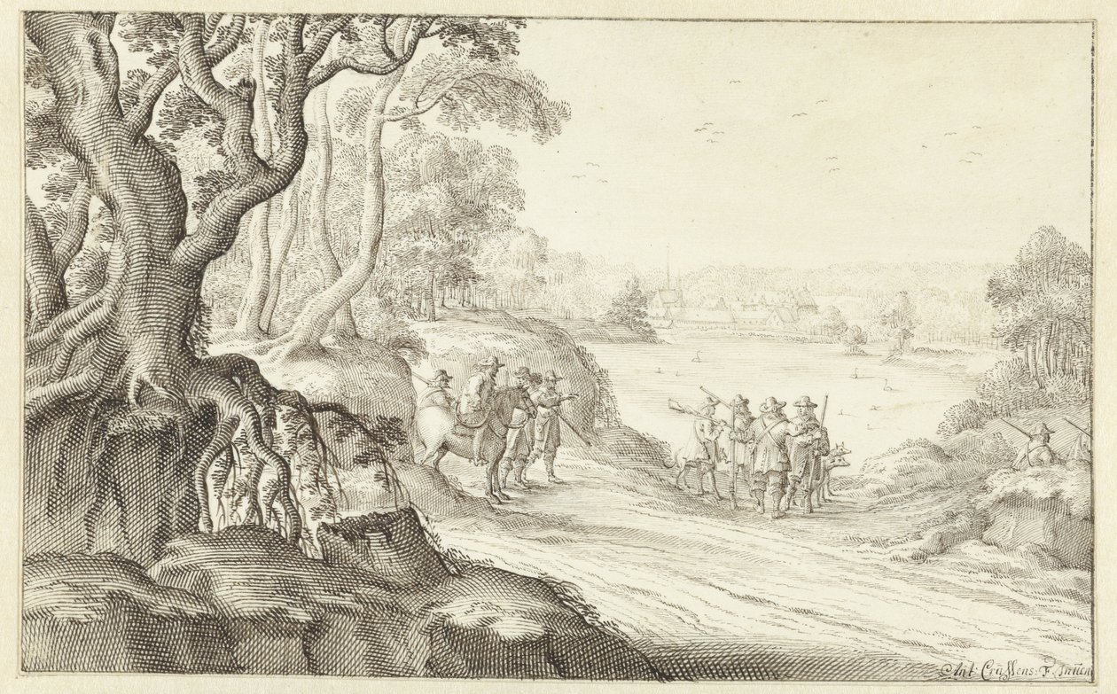 Jegere i et kupert landskap, Groenendaal Abbey i Brussel i bakgrunnen av Anthonie Crussens