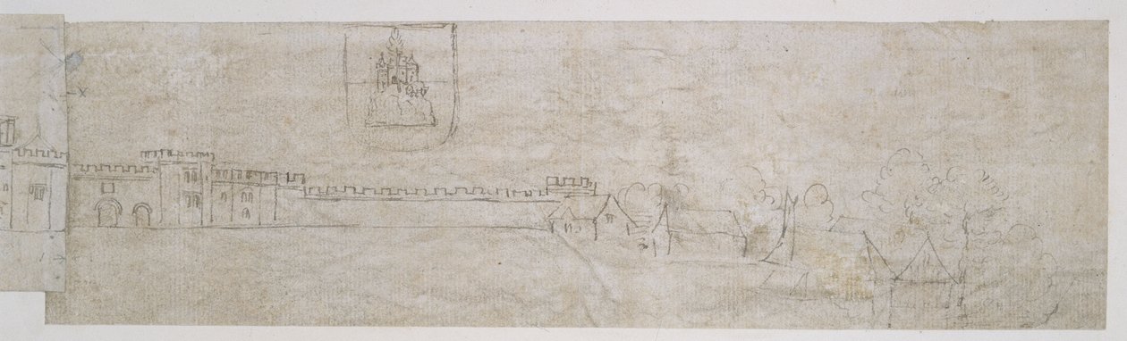 Richmond Palace, fasade (penn og brunt blekk over svake indikasjoner i svart kritt) av Anthonie Jacobus van Wyngaerdt