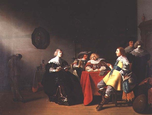 Et interiør med elegante figurlesing av Anthonie  Palamedesz