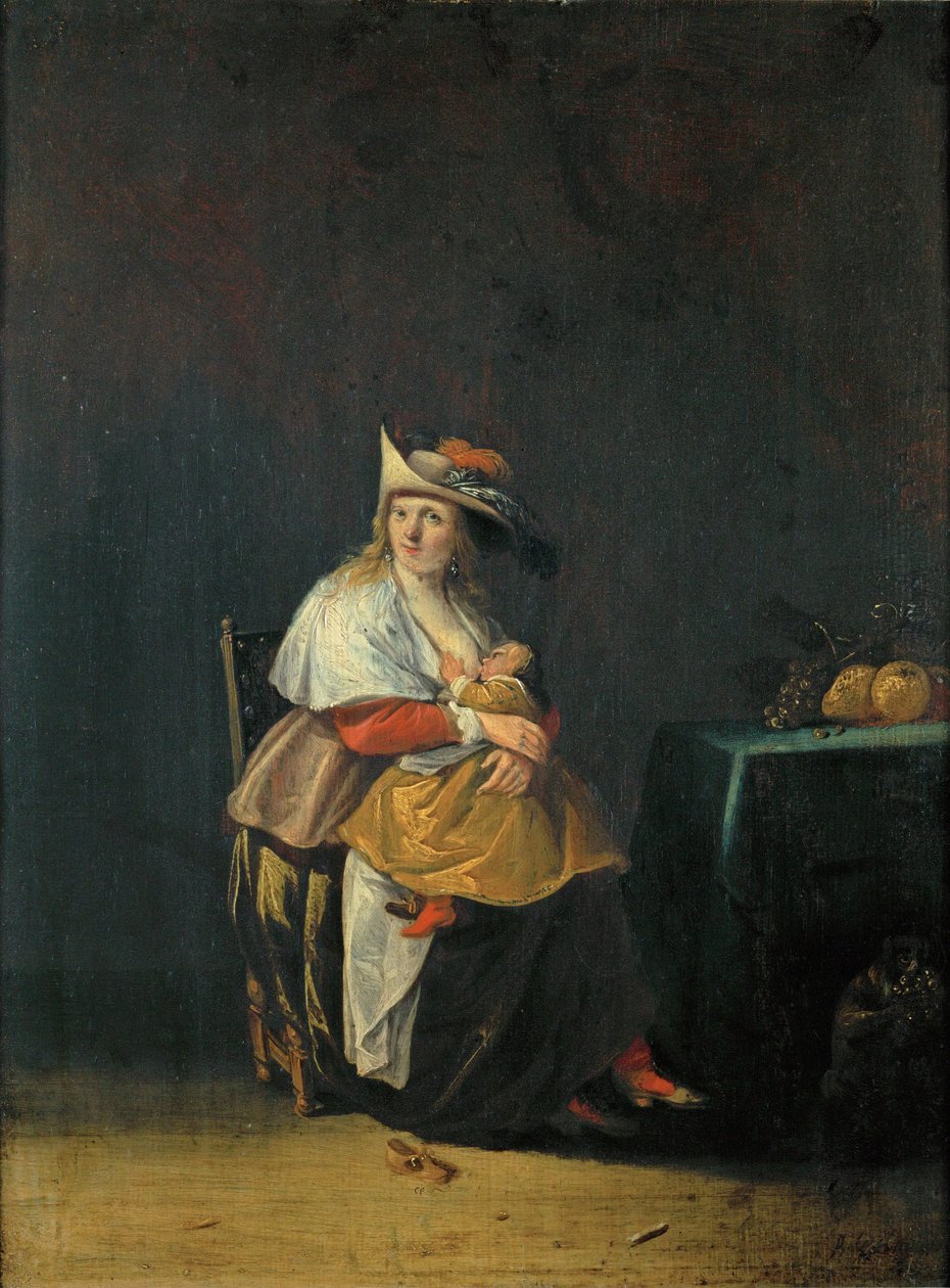 De fem sansene: smak, en kvinne som ammer barnet sitt … av Anthonie (1601-73) Palamedesz