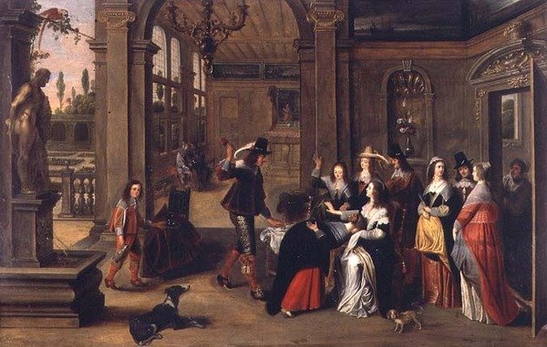 A Game of Forfeits (olje på panel) av Anthonie (circle of) Palamedesz