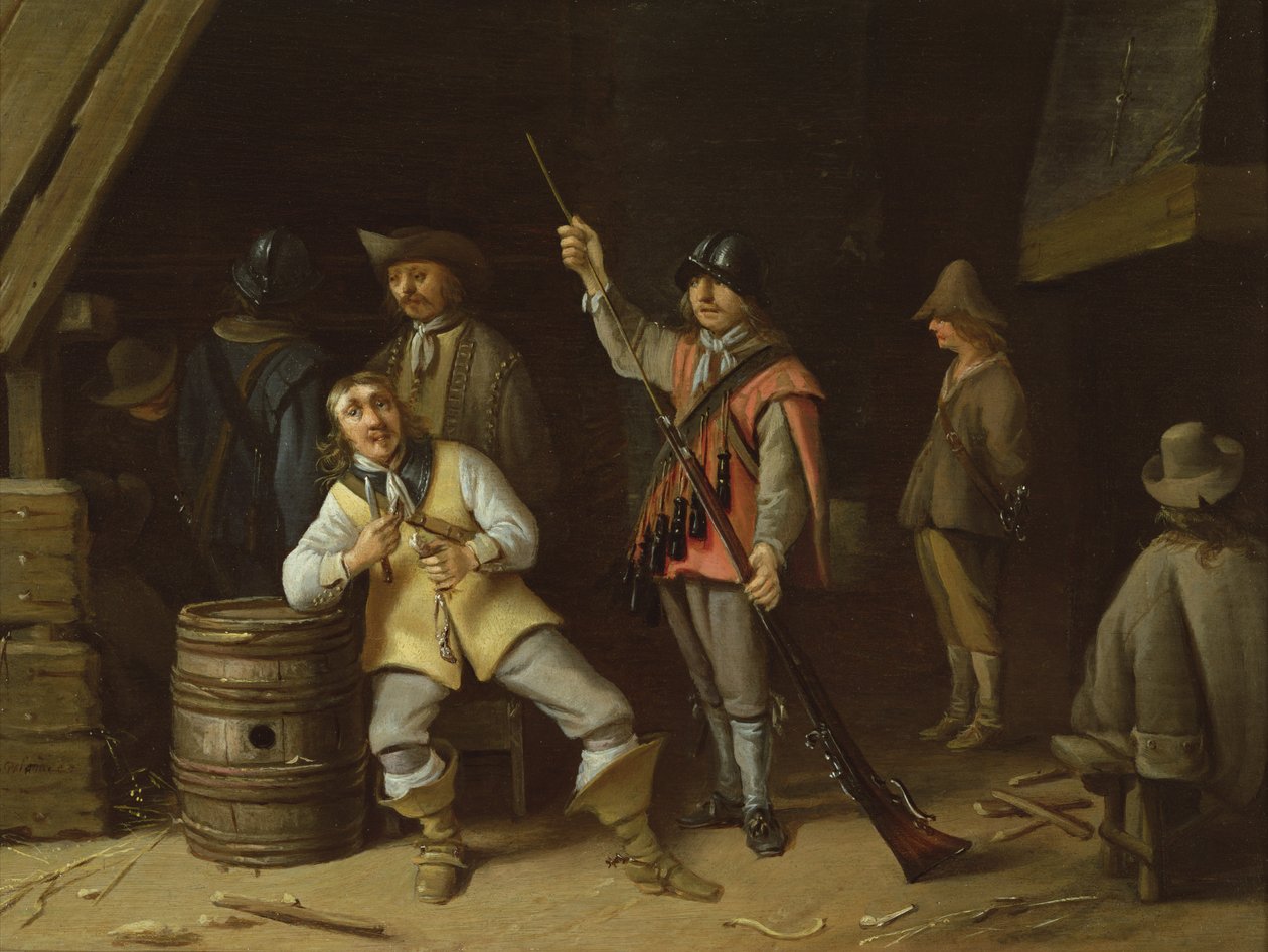 En soldat som renser en muskett av Anthonie Palamedesz