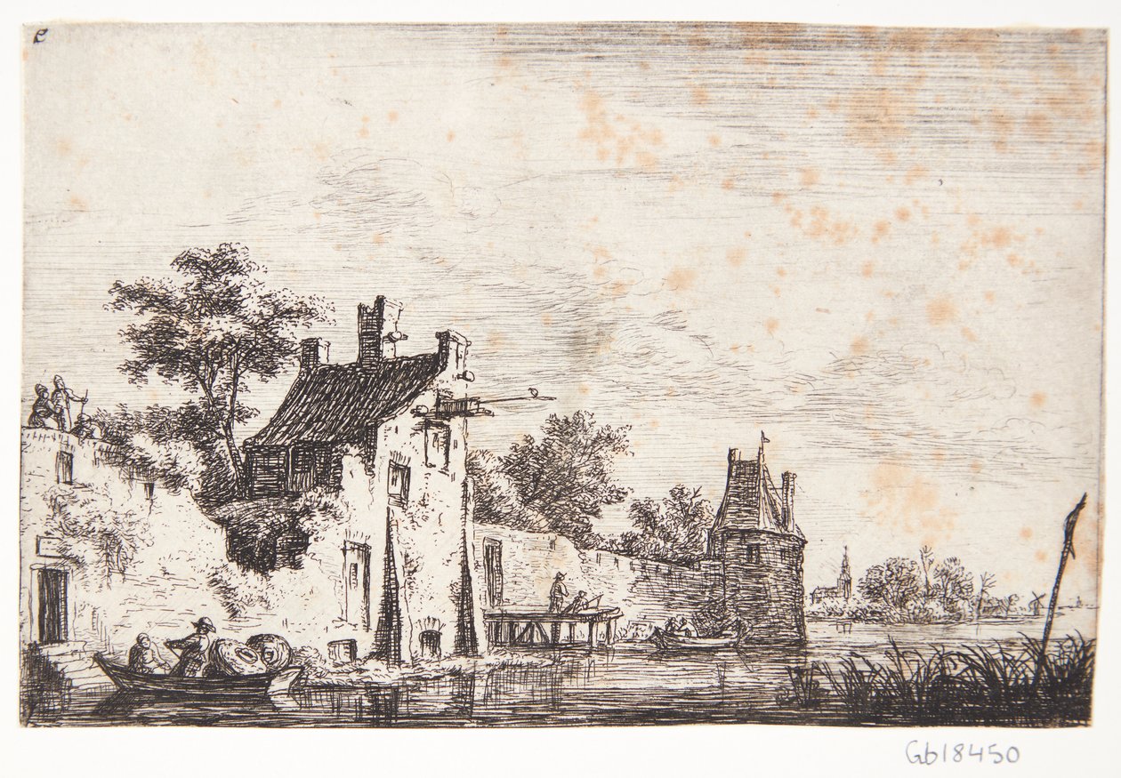 Bymur ved en elv av Anthonie Waterloo
