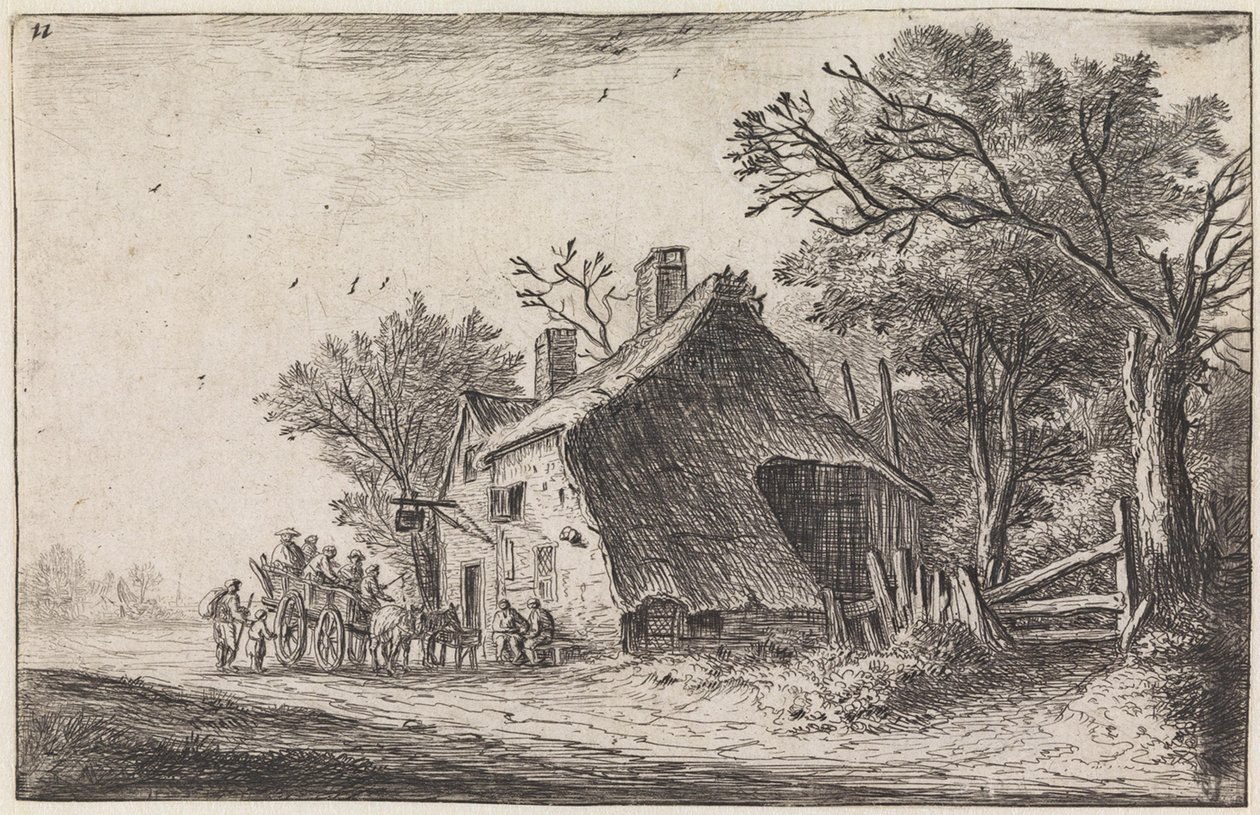 De reisendes ankomst til vertshuset (nr. 2 i en serie på 12 trykk) av Anthonie Waterloo