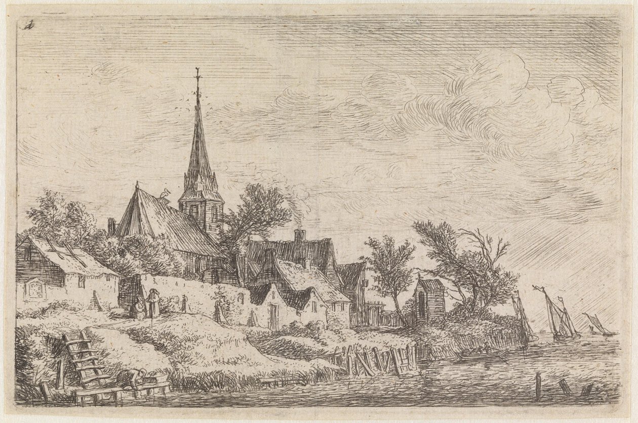 Landsby med en kirke med spisst tårn ved havets bredde (nr. 4 fra en serie på 12 trykk) av Anthonie Waterloo