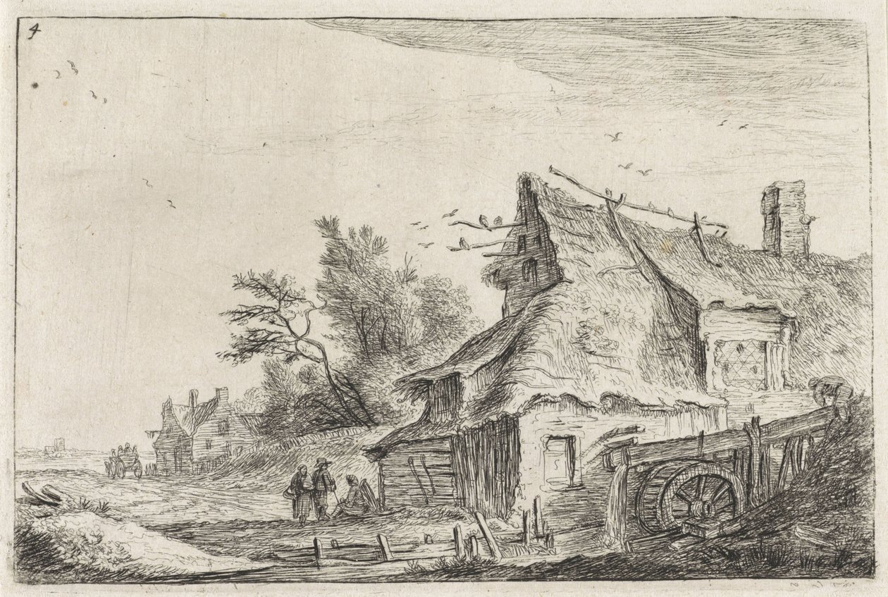 Utsikt over landsbyen med en vannmølle Landskap med bygninger (serietittel) av Anthonie Waterloo