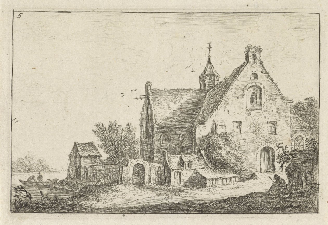 Landsbykirke på vannet Landskap med bygninger (serietittel) av Anthonie Waterloo