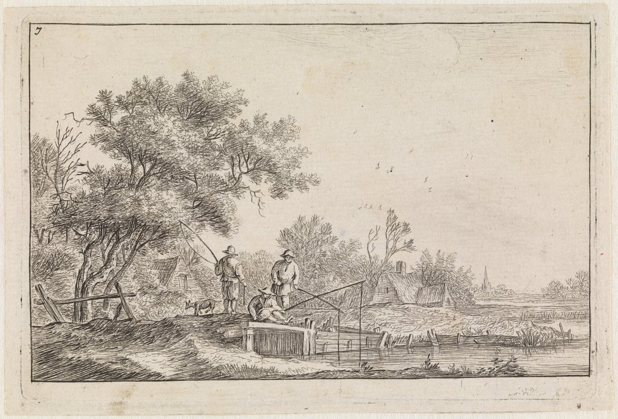 Tre fiskere på den lille broen (nr. 7 fra en serie på 12 trykk) av Anthonie Waterloo