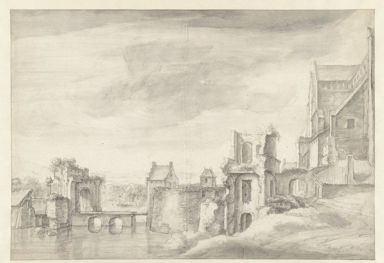 Utsikt over ruiner på en elvebredd (St. Walburgkerk i Arnhem?) av Anthonie Waterloo