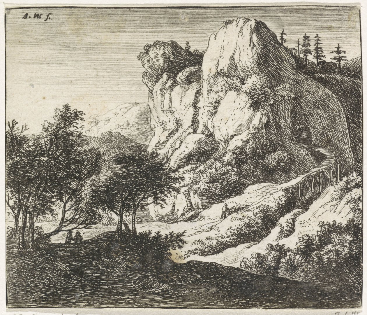 Trebro ved et steinete utspring Steinete landskap (serietittel) av Anthonie Waterloo