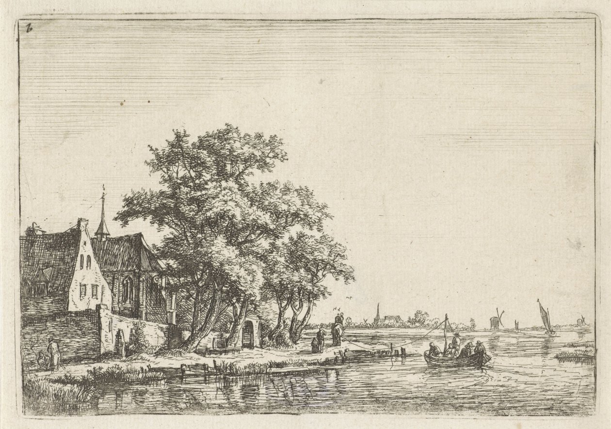 Kirke på vannet Landskap med figurer (serietittel) av Anthonie Waterloo