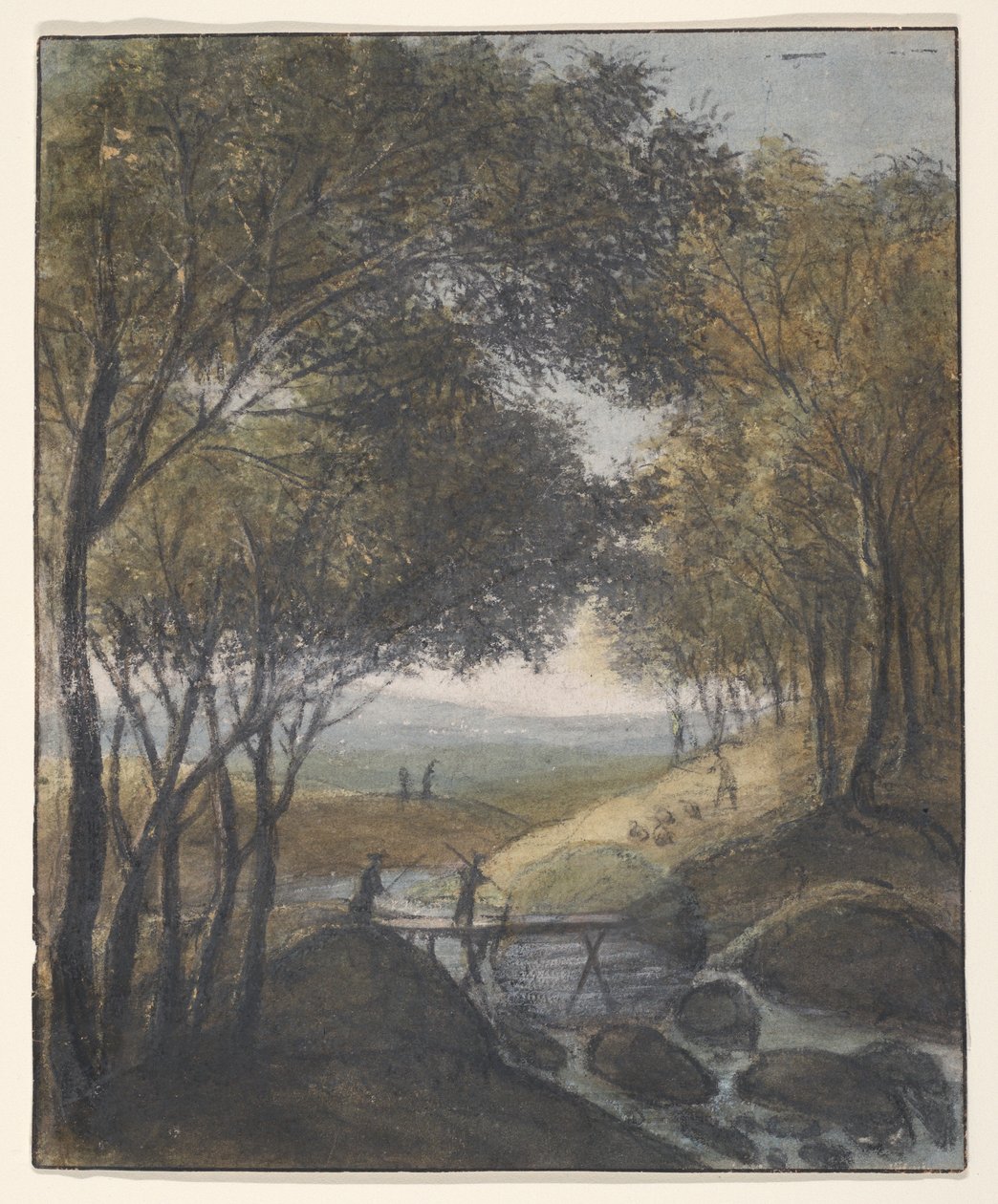 Landskap med en reisende som krysser en bro (recto); skisser av en port, en bro og et rådhus (verso) av Anthonie Waterloo