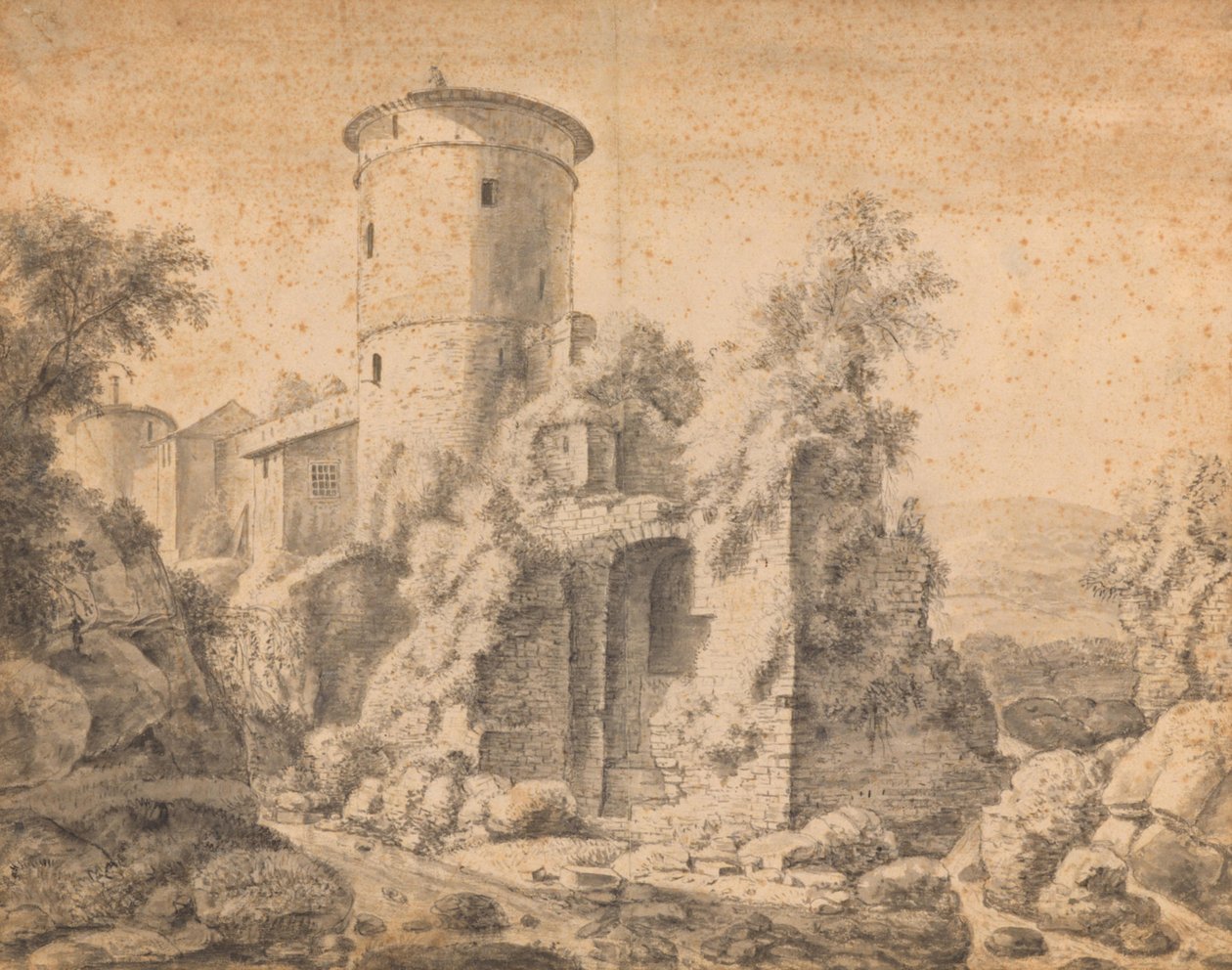 Ruin med rundt tårn av Anthonie Waterloo