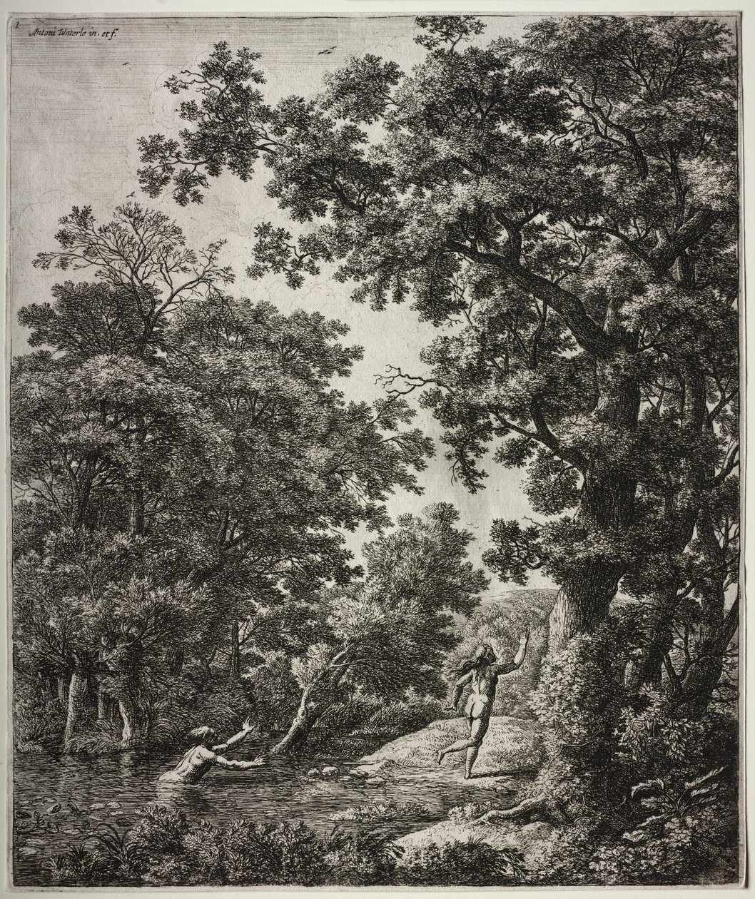 Seks store oppreiste landskap med scener fra Ovids Metamorfoser: Alpheus og Arethusa av Anthonie Waterloo