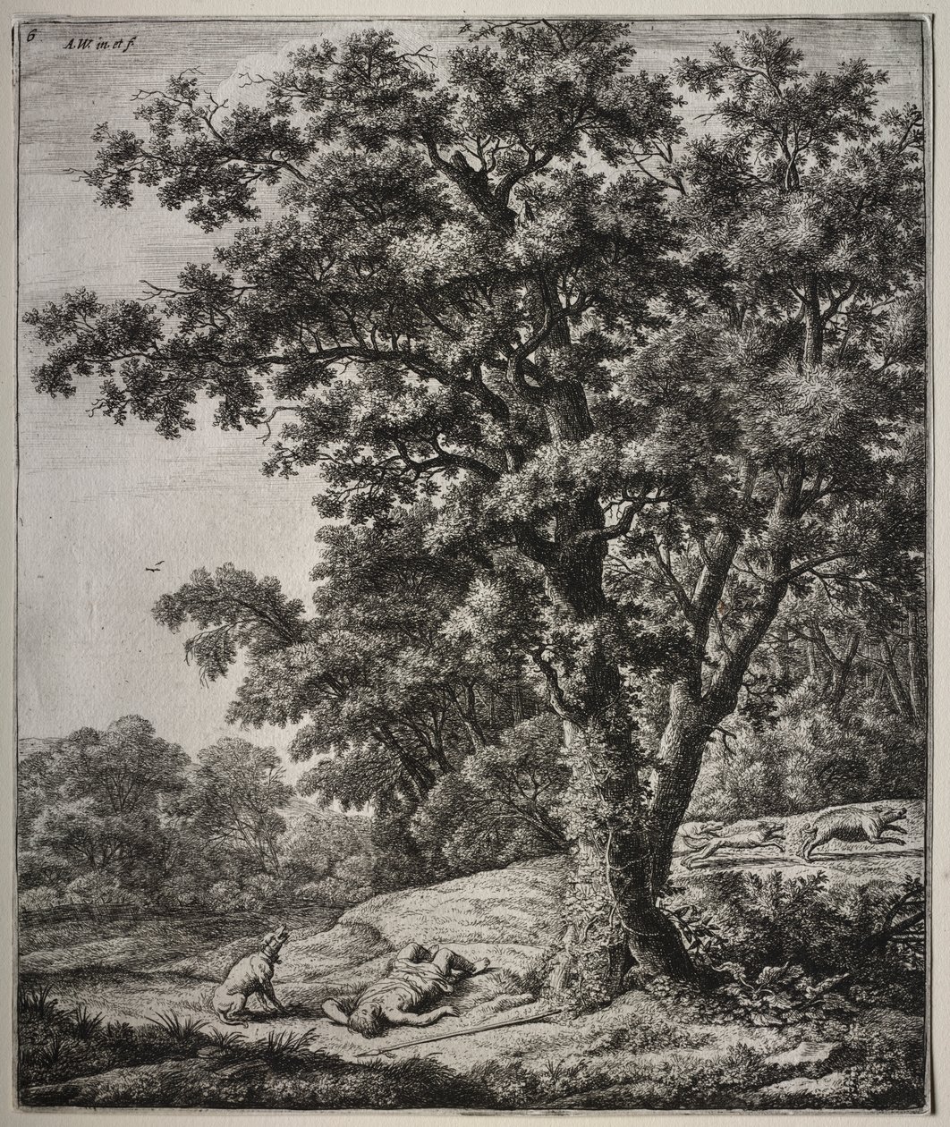 Seks store oppreiste landskap med scener fra Ovids Metamorphoses: The Death of Adonis av Anthonie Waterloo