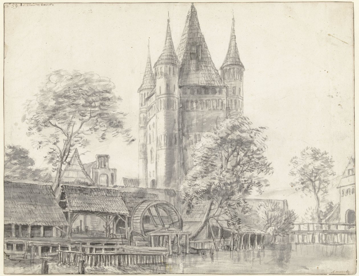 Byporten Altenbrücker Tor og vannmølle i Lüneburg nær Hamburg av Anthonie Waterloo