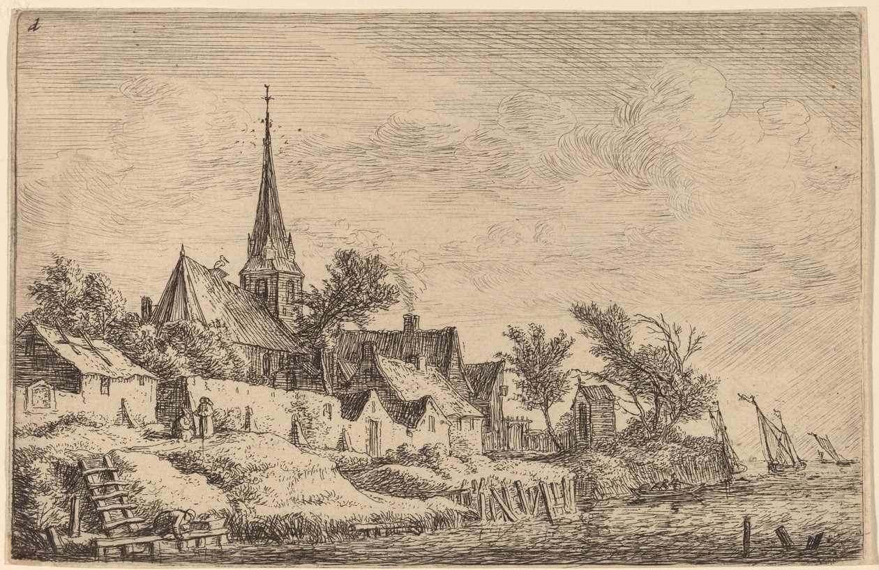 Village Steeple ved sjøen av Anthonie Waterloo