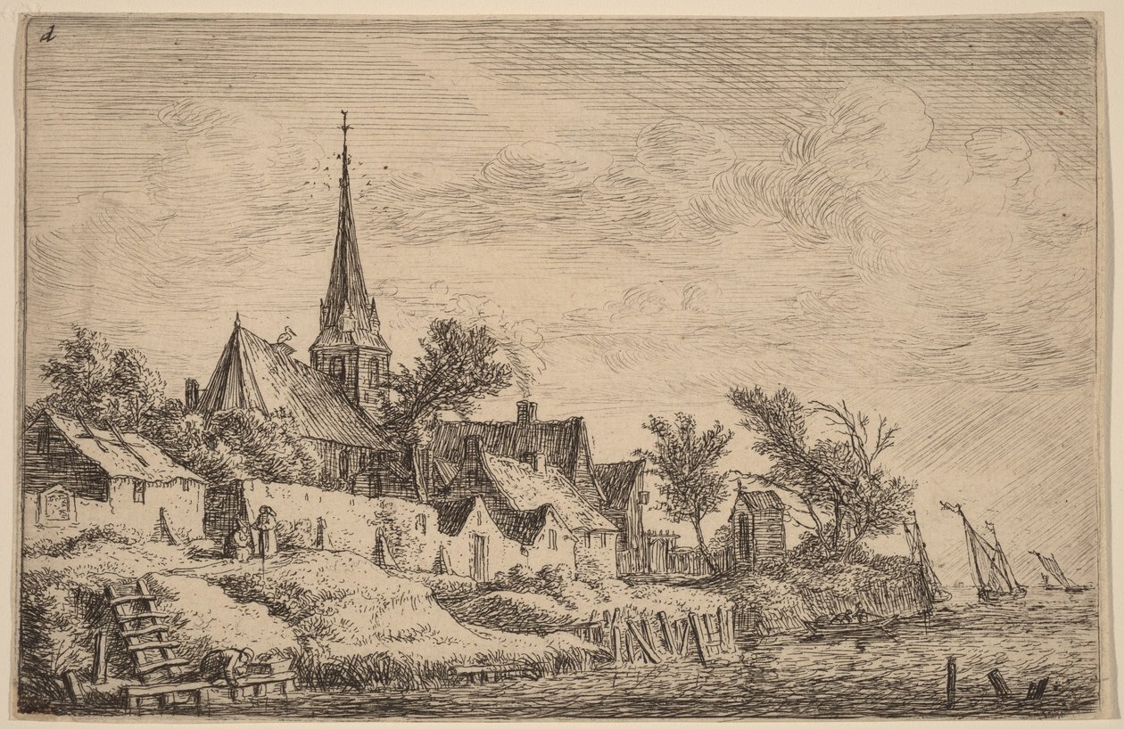 Landsbykirketårn ved sjøen av Anthonie Waterloo
