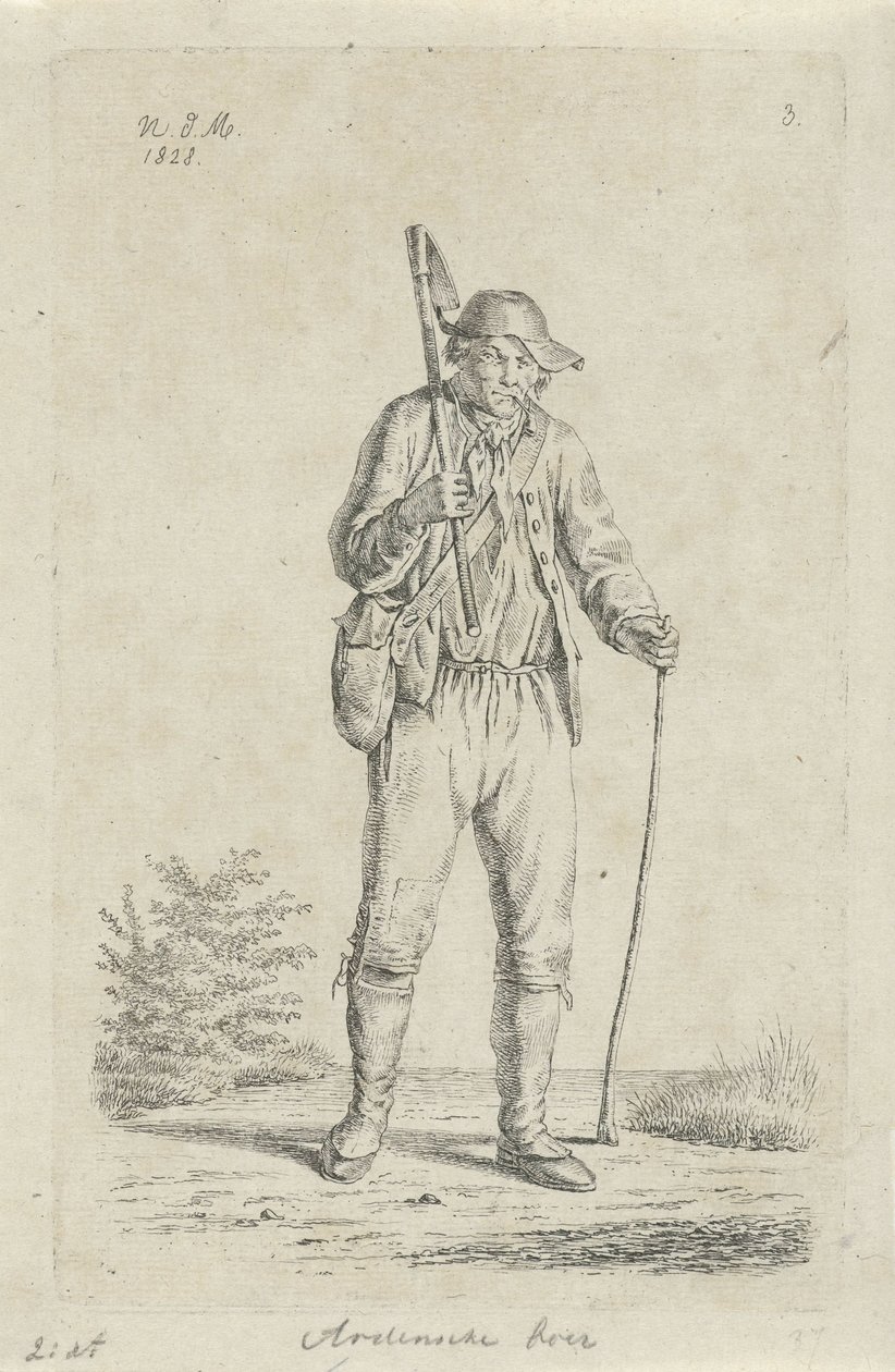 Bonde fra Ardennene med hakke Ardennesbonde (tittel på objekt) Bønder og kvinnelige bønder fra Storbritannia av Nederland (serietittel) av Anthonie Willem Hendrik Nolthenius de Man
