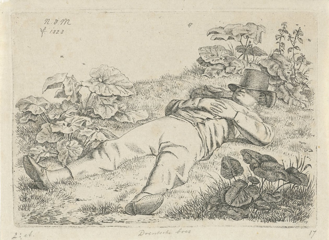 Liggende mann i gresset Drentsche bonde (tittel på objekt) av Anthonie Willem Hendrik Nolthenius de Man