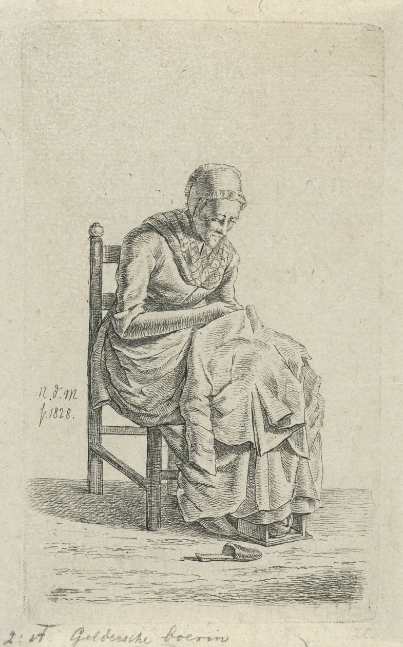 Reparerende kvinne på en stol Gelderland bondekone (tittel på objekt) 12 studiefigurer (serietittel) av Anthonie Willem Hendrik Nolthenius de Man