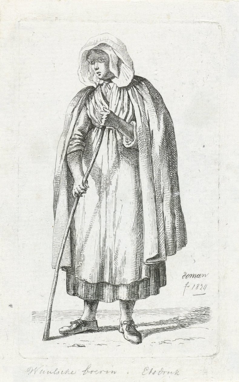 Kvinne med kappe og stokk Vallonsk bondekone (tittel på objekt) av Anthonie Willem Hendrik Nolthenius de Man