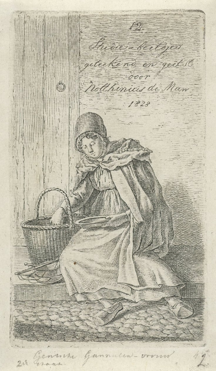Sittende kvinne med kurv og tallerken Gentsche rekekvinne (tittel på objekt) 12 studiefigurer (serietittel) av Anthonie Willem Hendrik Nolthenius de Man