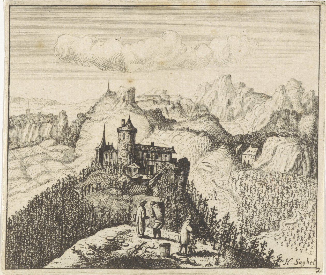 Fjelllandskap med drueplukkere av Anthonie de Winter (attributed to)