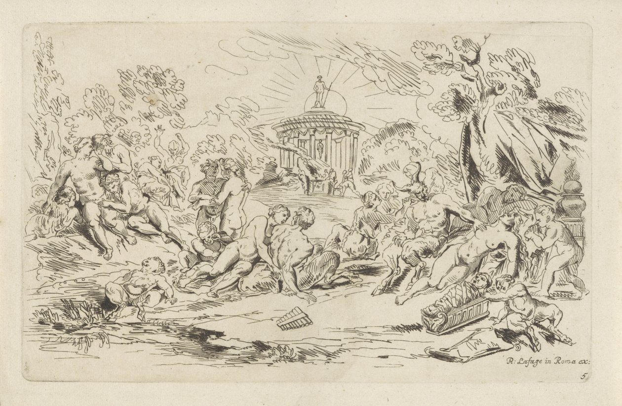 Nymfer og Satyrer foran et Bacchus-tempel Bacchanals (serietittel) av Anthonie de Winter
