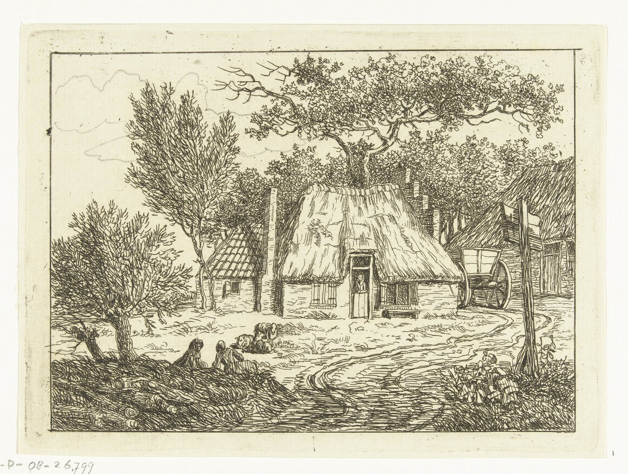 Vogn stående ved siden av gård med trappegavl Gård på Amstelveense Weg av Anthonie van den Bos