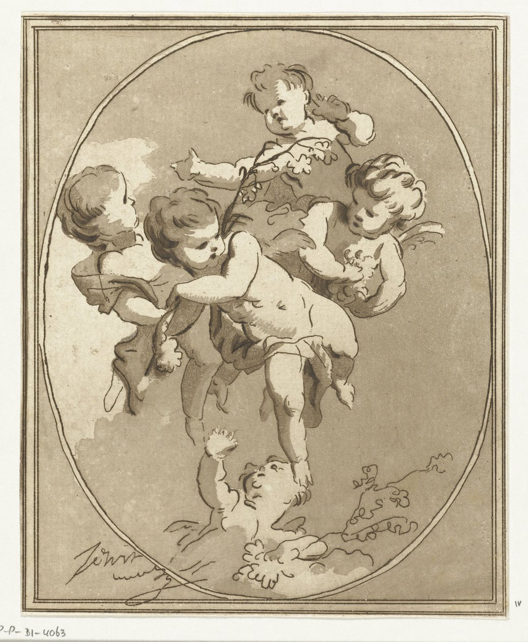Fem putti med blomsterspray av Anthonie van den Bos