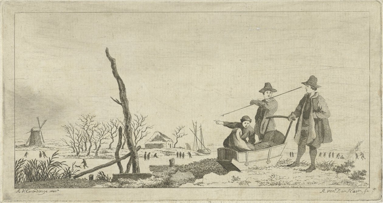 Figurer ved en slede i et vinterlandskap av Anthonij van der Haer