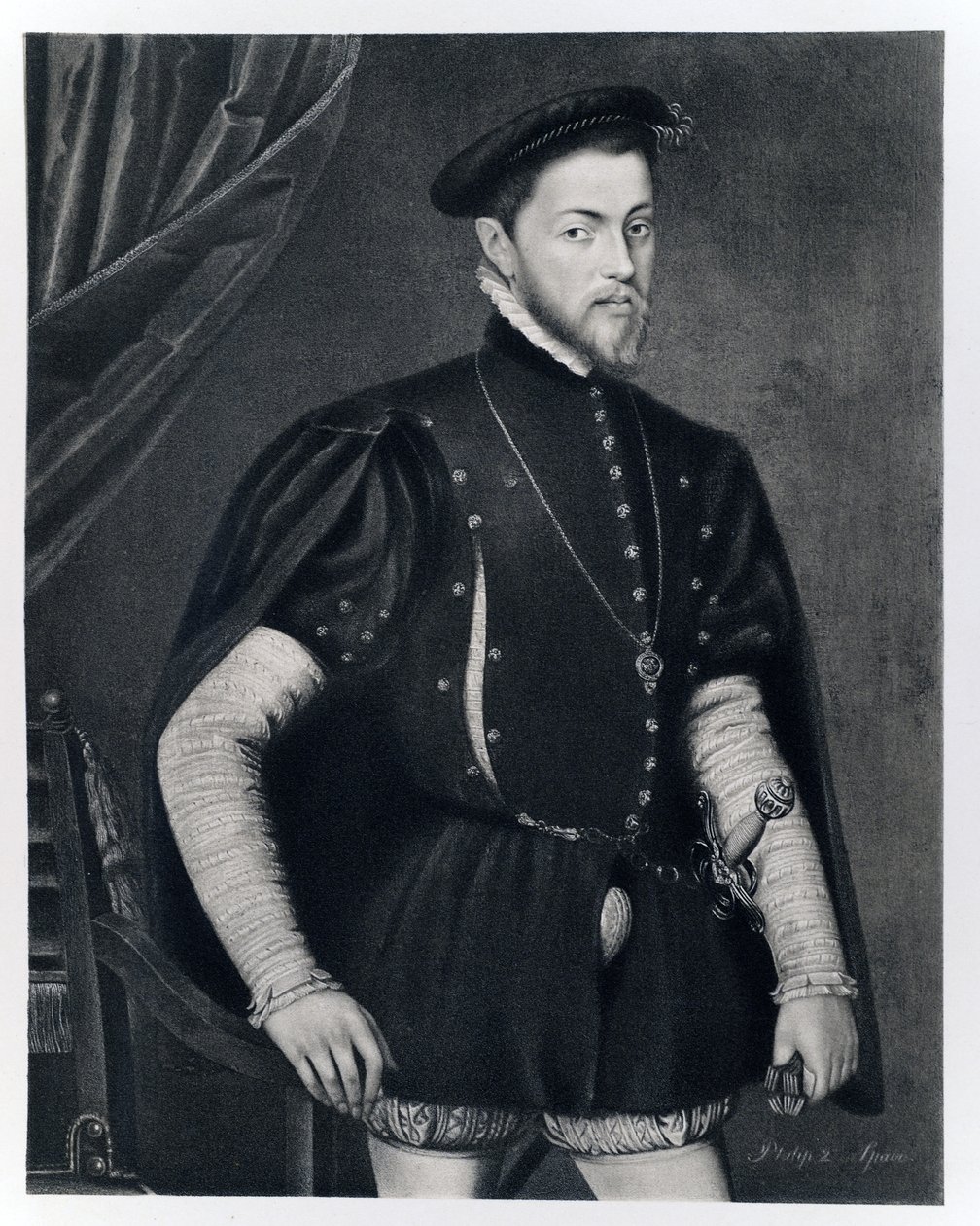 Filip II av Spania, (1527-1598) fra 'James I og VI', trykt av Manzi Joyant und Co. Paris, 1904 (kollotype) av Anthonis van Dashorst Mor