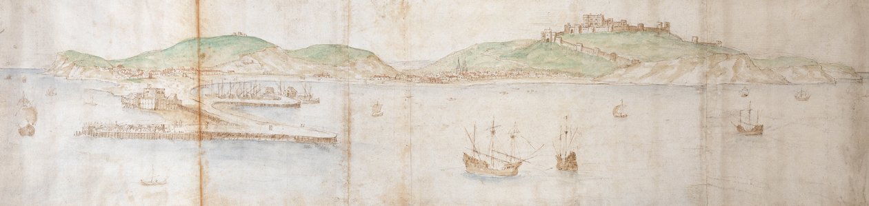 Dover fra havet, 1500-tallet (penn og blekk, kritt og wc på papir) av Anthonis van den Wyngaerde