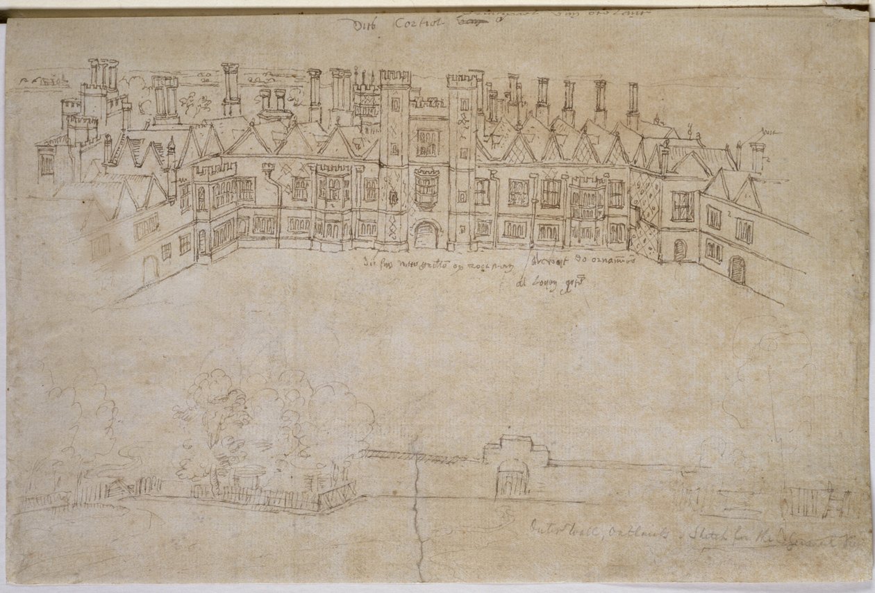 Inner Courtyard and Outer Wall of Oatlands, Richmond Palace, 1500-tallet (penn og blekk på papir) av Anthonis van den Wyngaerde