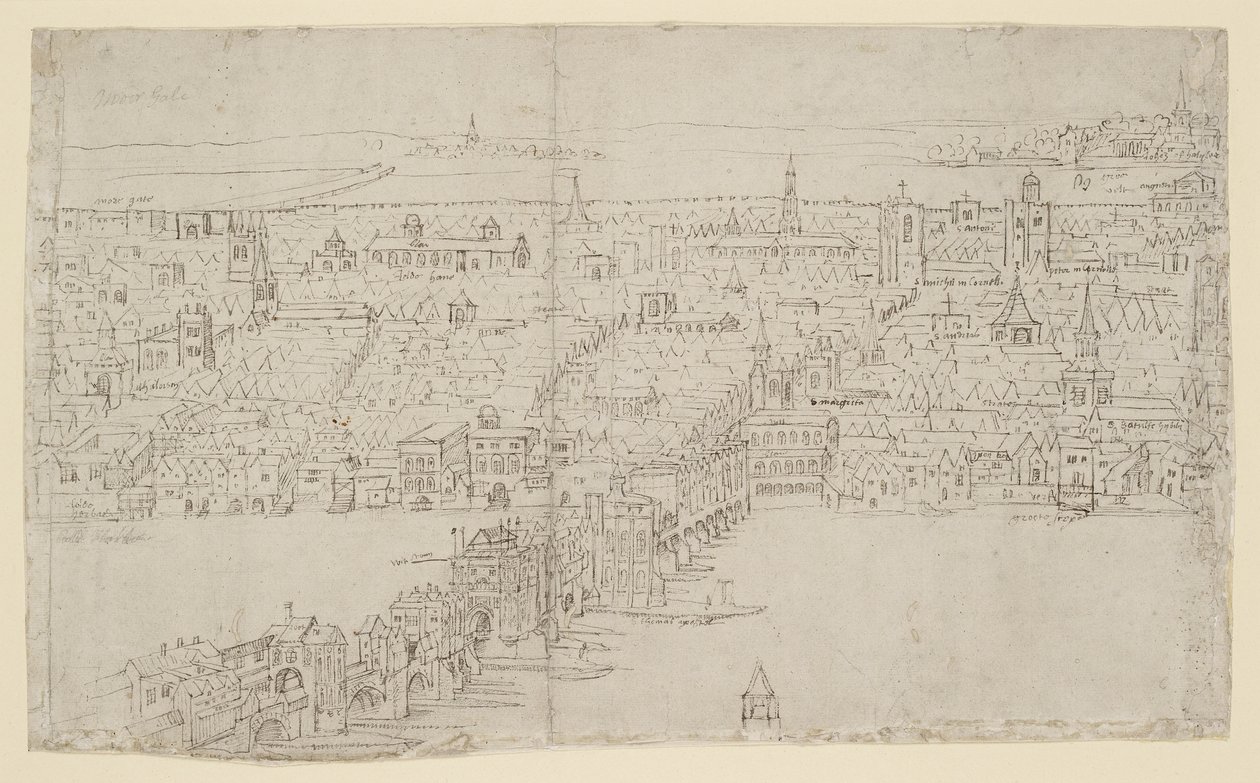 London Bridge, fra 'The Panorama of London', ca. 1544 (penn og blekk og kritt på papir) av Anthonis van den Wyngaerde