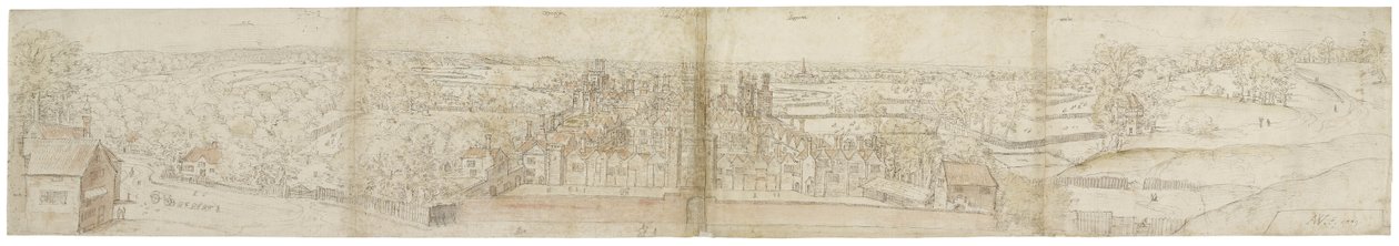 Oatlands Palace fra sør, ca. 1544 (penn, blekk, kritt og wc på papir) av Anthonis van den Wyngaerde