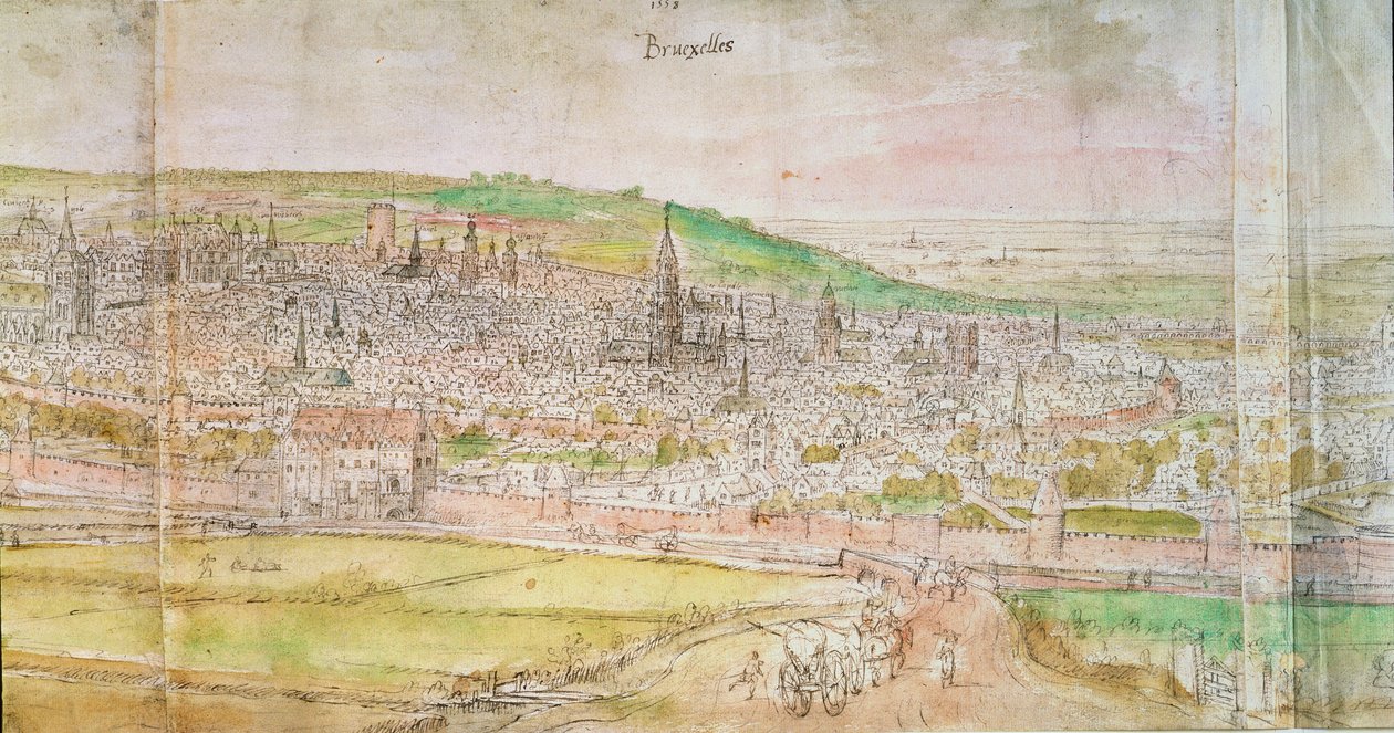 Panoramautsikt over Brussel, 1500-tallet (penn og blekk og wc på papir) av Anthonis van den Wyngaerde