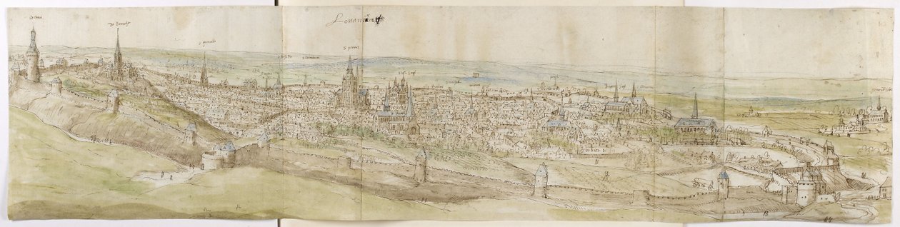 Panoramautsikt over Leuven fra nordvest (penn og brunt blekk og akvarell over svart kritt) av Anthonis van den Wyngaerde