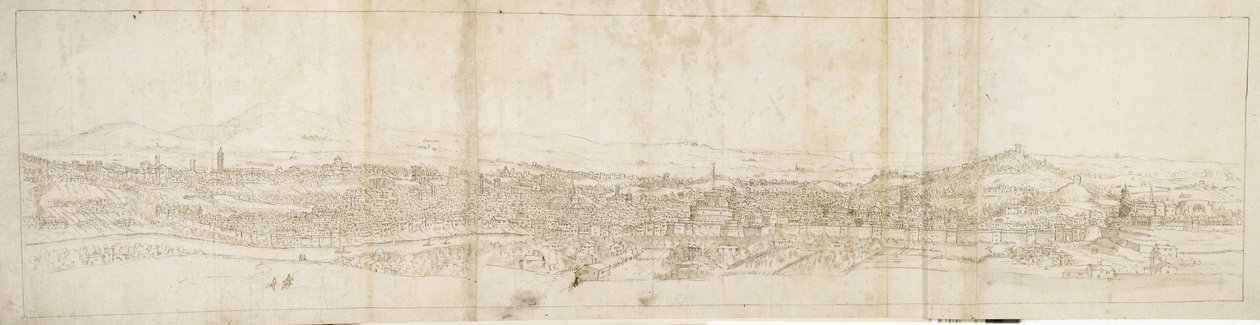 Panoramautsikt over Roma fra Monte Mario, Castel S. Angelo i forgrunnen (penn og brunt blekk og brunt vask over svart kritt) av Anthonis van den Wyngaerde
