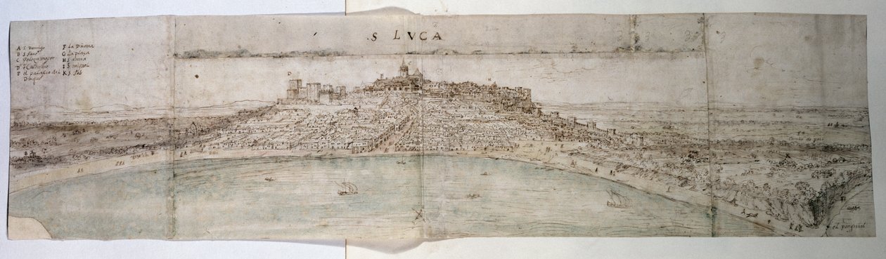 Panoramautsikt over San Lucar de Barrameda og tilstøtende landskap fra sørvest (penn og blekk og wc på papir) av Anthonis van den Wyngaerde