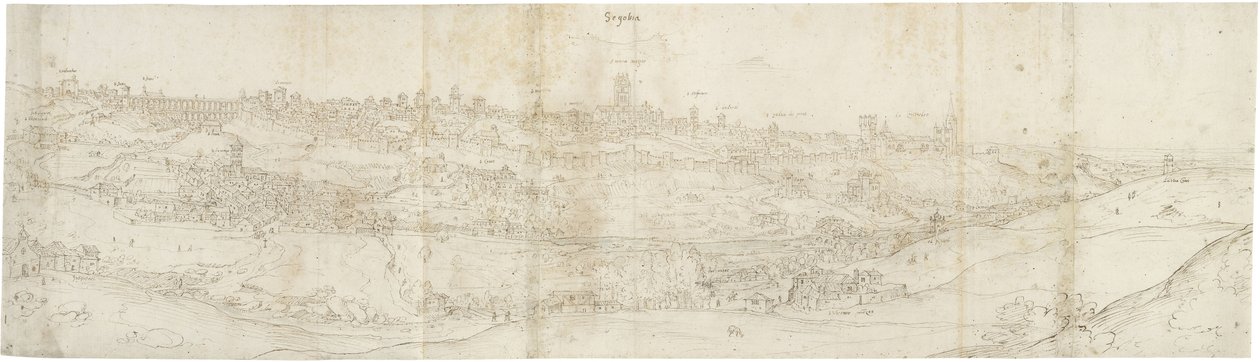 Panoramautsikt over Segovia fra øst (penn og brunt blekk med innslag av blått vask over svart kritt) av Anthonis van den Wyngaerde